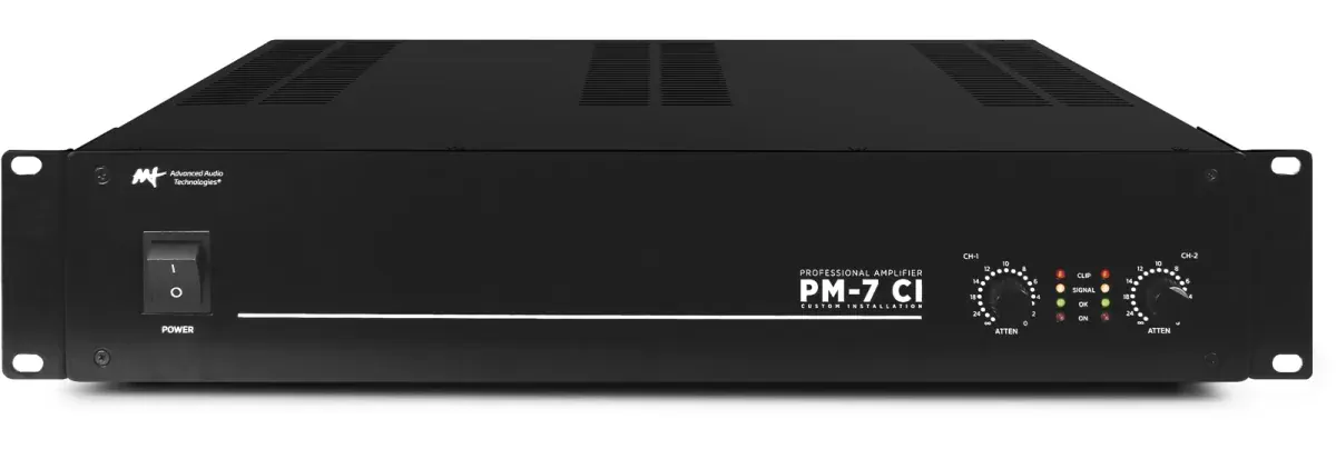 AAT PM-7 CI Amplificador 70V/100V em composição visual do catálogo MyConcert de áudio e automação
