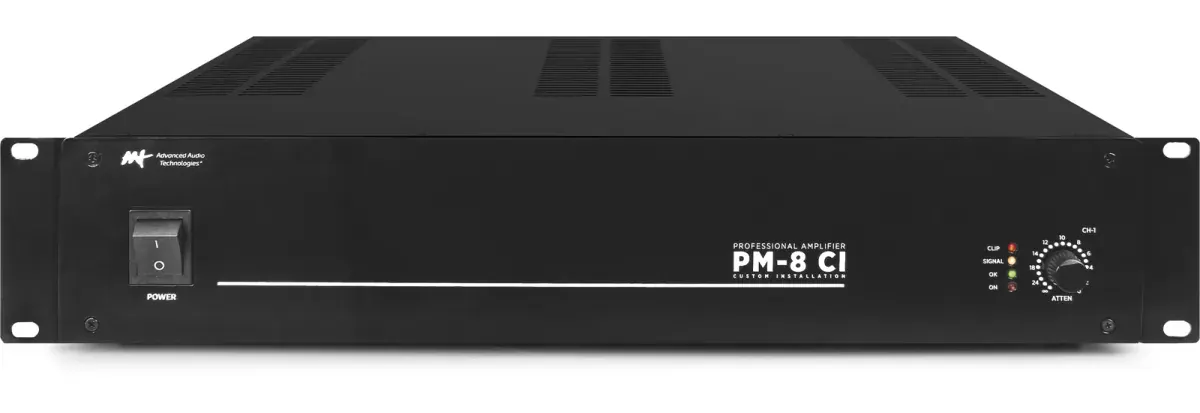 AAT PM-8 CI Amplificador 70V/100V em composição visual do catálogo MyConcert de áudio e automação