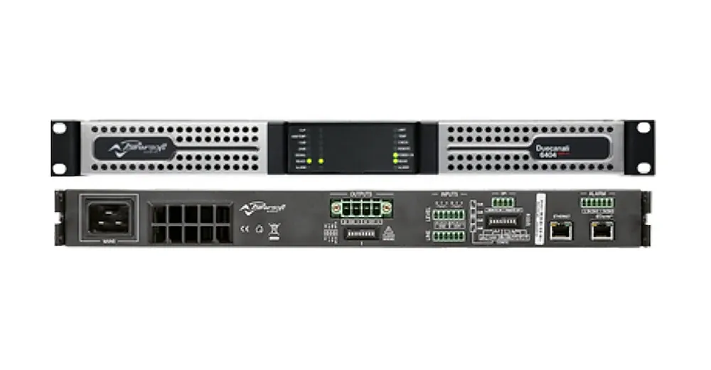 Powersoft Duecanali 804 DSP+D Amplificador de 2 Canais para Som Ambiente em composição visual do catálogo MyConcert de áudio e automação