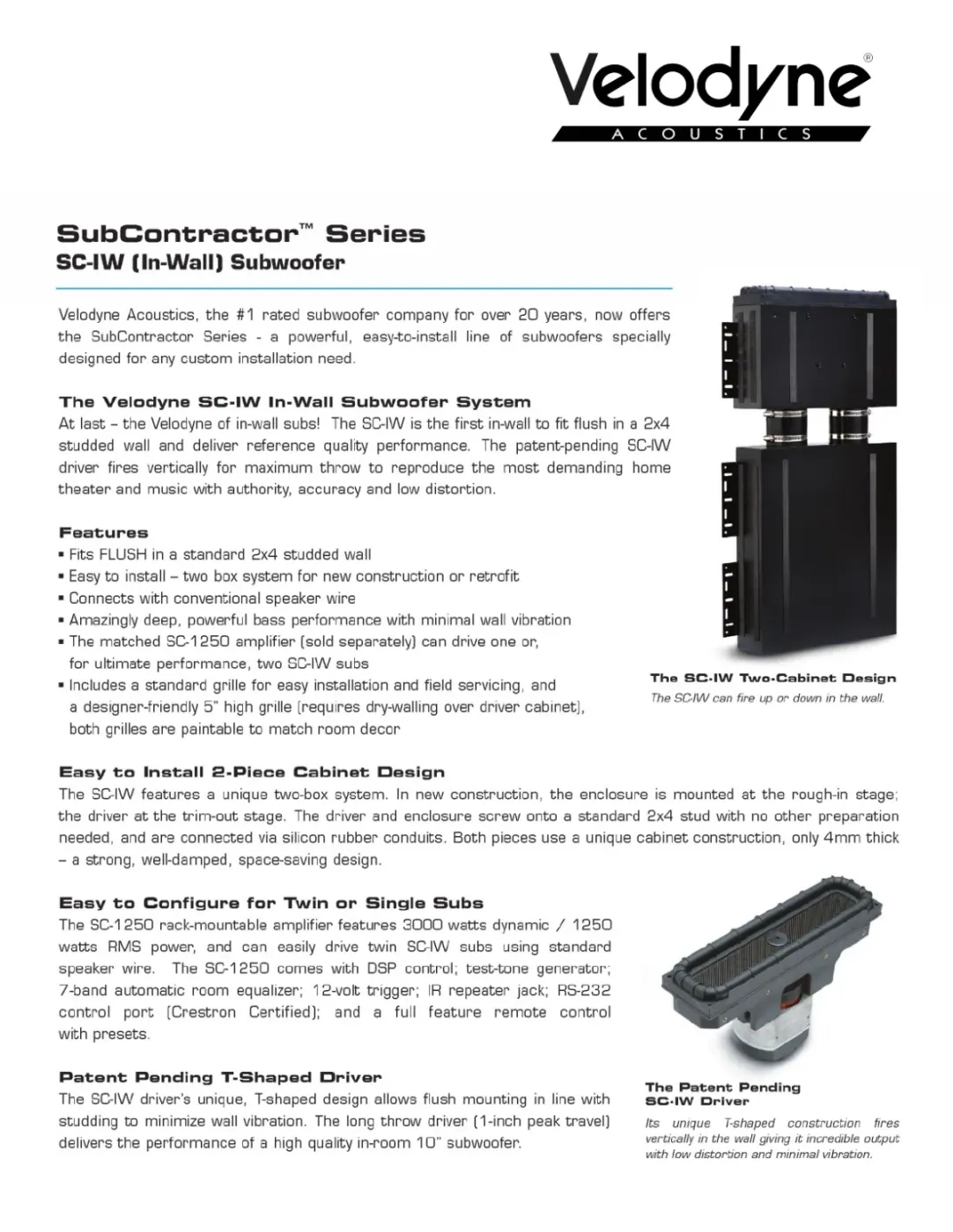 Velodyne SC-IW Subwoofer In-Wall em composição visual do catálogo MyConcert de áudio e automação